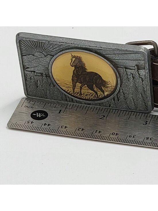 Vtg Western/Cowgirl Brown Leather Belt with Horse-Themed Metal Buckle Adjustable main image 5